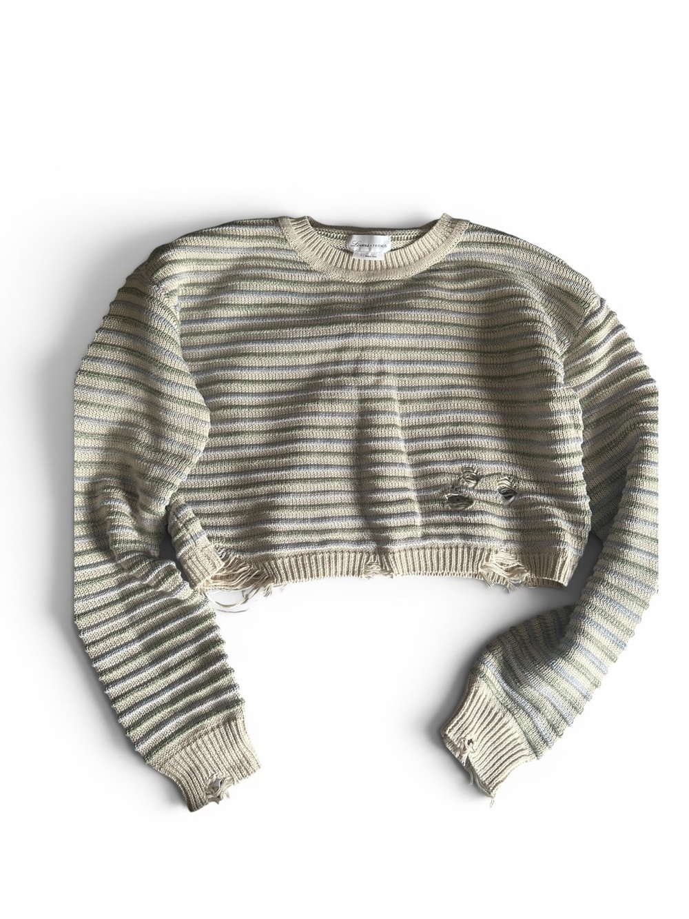 Lovers + Friends Cream Distressed and Cropped Knit Sweater US S
